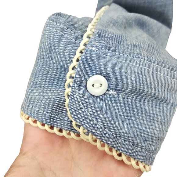 Vintage Applique Flower Chambray Button Front Shirt Size Mens Small Womens M/L - Picture 5 of 15